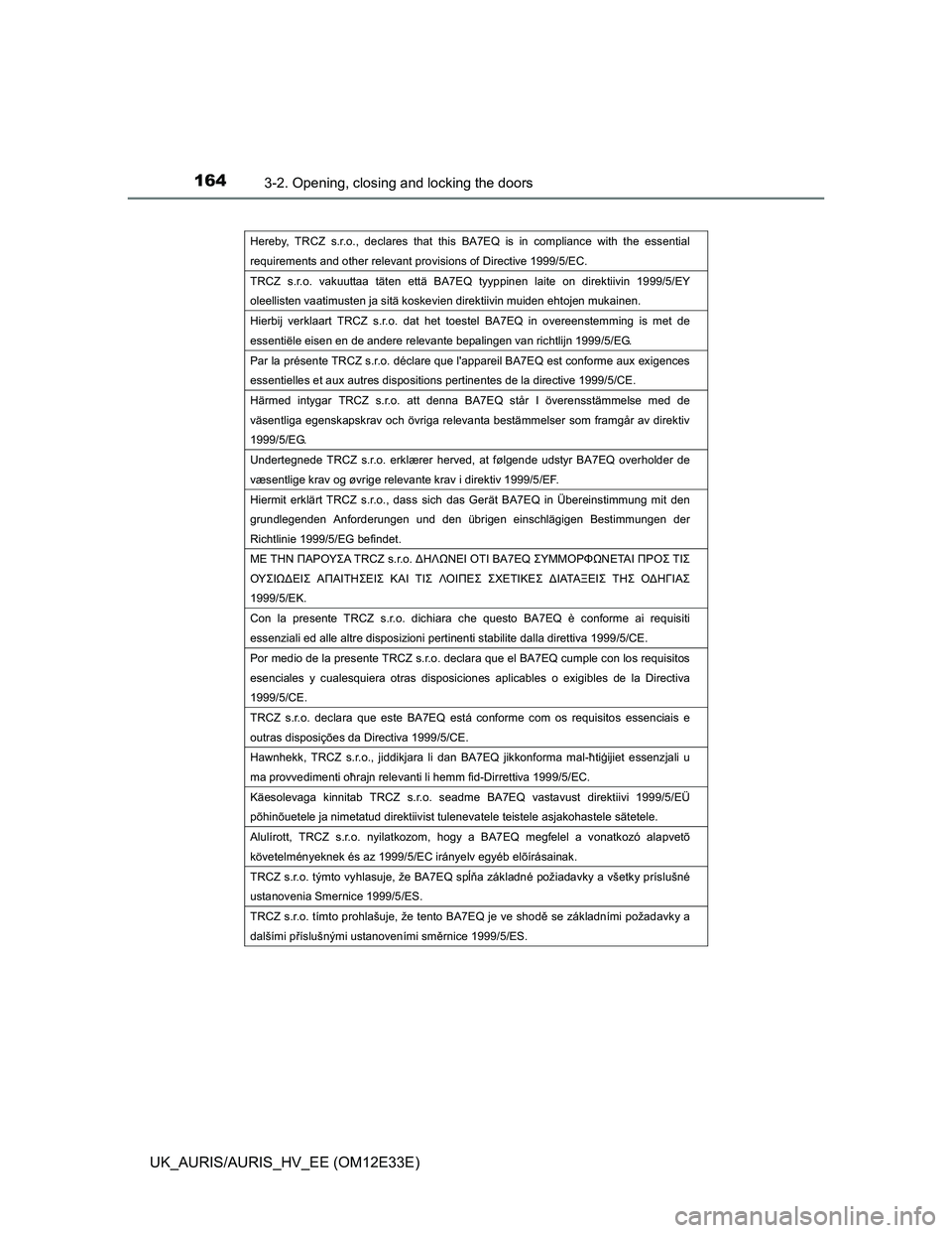 TOYOTA AURIS 2012  Owners Manual (in English) 1643-2. Opening, closing and locking the doors
UK_AURIS/AURIS_HV_EE (OM12E33E)
Hereby, TRCZ s.r.o., declares that this BA7EQ is in compliance with the essential 
requirements and other relevant provis