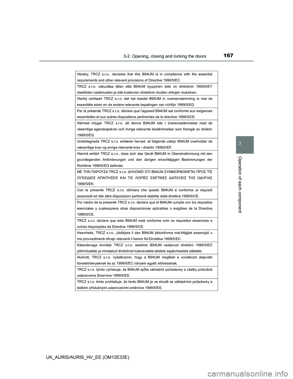 TOYOTA AURIS 2012  Owners Manual (in English) 1673-2. Opening, closing and locking the doors
UK_AURIS/AURIS_HV_EE (OM12E33E)
3
Operation of each component
Hereby, TRCZ s.r.o., declares that this B94UM is in compliance with the essential 
requirem