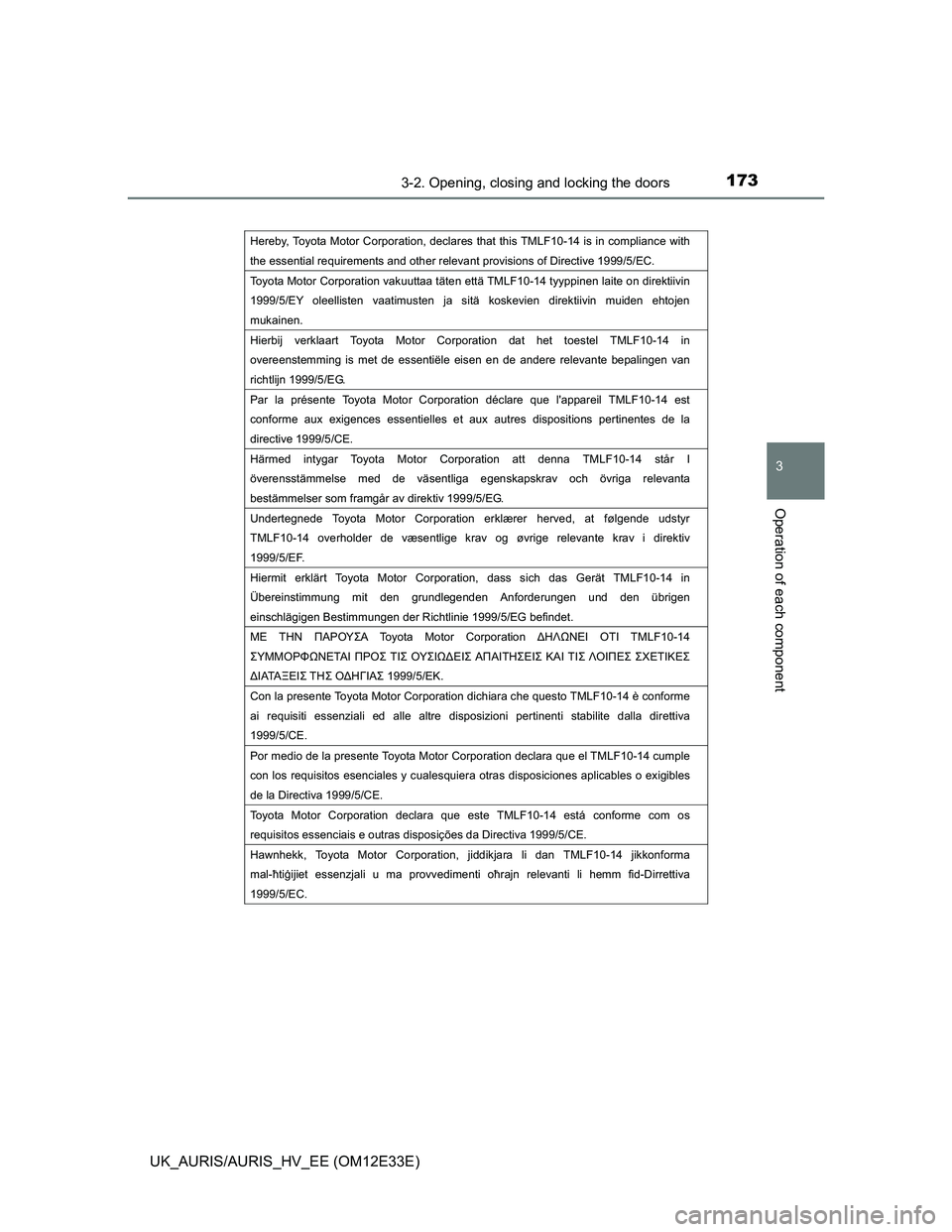 TOYOTA AURIS 2012  Owners Manual (in English) 1733-2. Opening, closing and locking the doors
UK_AURIS/AURIS_HV_EE (OM12E33E)
3
Operation of each component
Hereby, Toyota Motor Corporation, declares that this TMLF10-14 is in compliance with 
the e