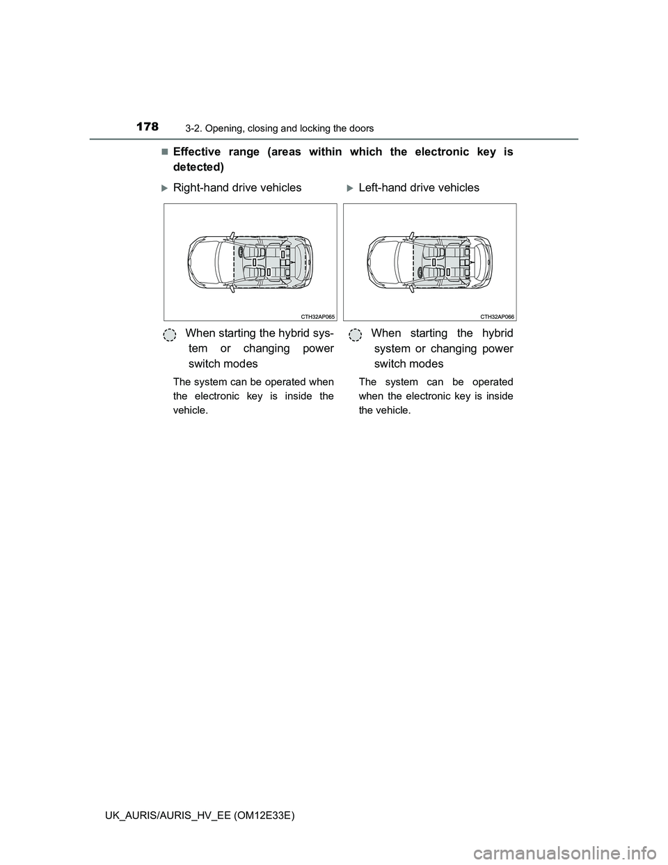TOYOTA AURIS 2012 Owners Manual (in English) 1783-2. Opening, closing and locking the doors
UK_AURIS/AURIS_HV_EE (OM12E33E)
Effective range (areas within which the electronic key is
detected)
Right-hand drive vehiclesLeft-hand drive veh TOYOTA AURIS 2012 Owners Manual (in English) 1783-2. Opening, closing and locking the doors
UK_AURIS/AURIS_HV_EE (OM12E33E)
Effective range (areas within which the electronic key is
detected)
Right-hand drive vehiclesLeft-hand drive veh