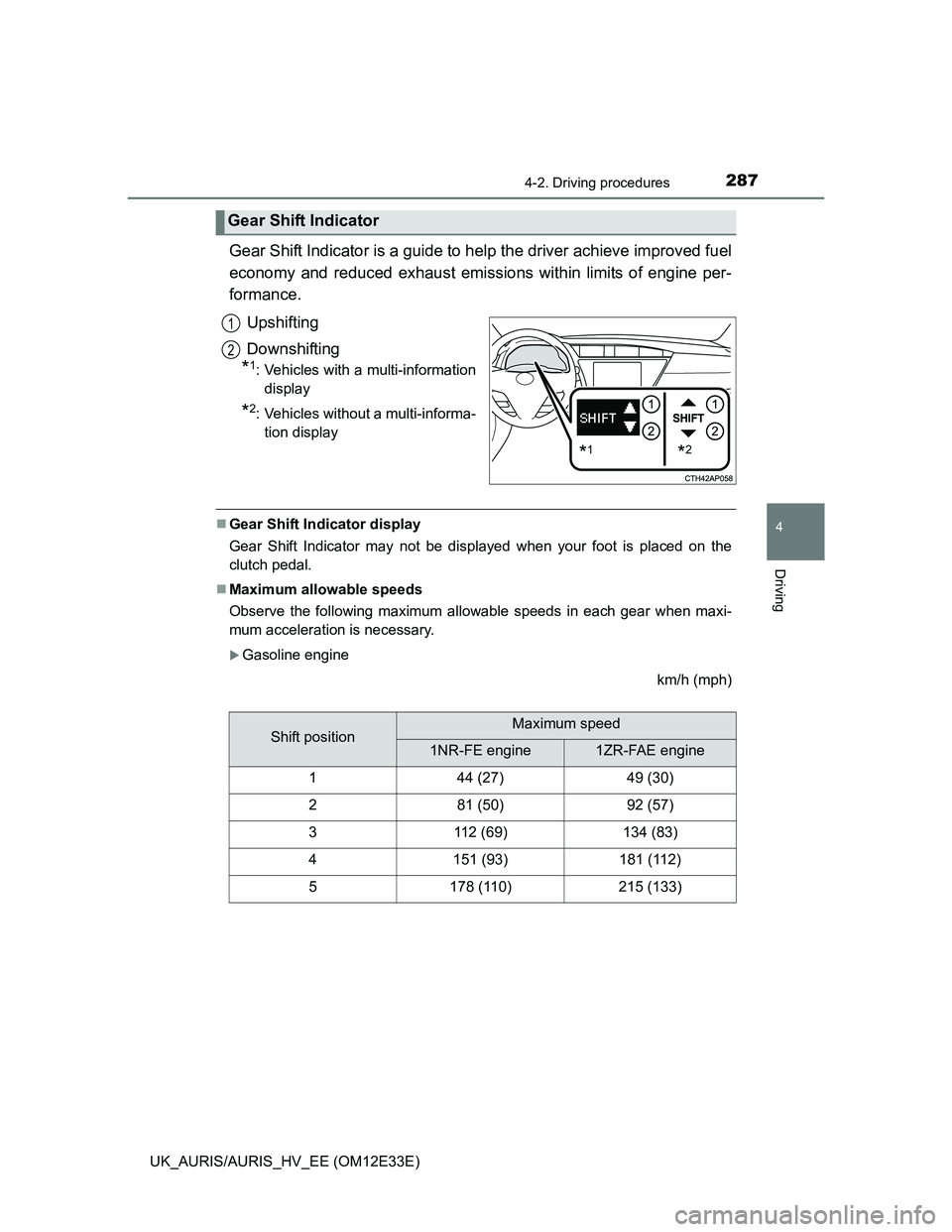 TOYOTA AURIS 2012 Owners Manual (in English) 2874-2. Driving procedures
UK_AURIS/AURIS_HV_EE (OM12E33E)
4
Driving
Gear Shift Indicator is a guide to help the driver achieve improved fuel
economy and reduced exhaust emissions within limits of eng TOYOTA AURIS 2012 Owners Manual (in English) 2874-2. Driving procedures
UK_AURIS/AURIS_HV_EE (OM12E33E)
4
Driving
Gear Shift Indicator is a guide to help the driver achieve improved fuel
economy and reduced exhaust emissions within limits of eng