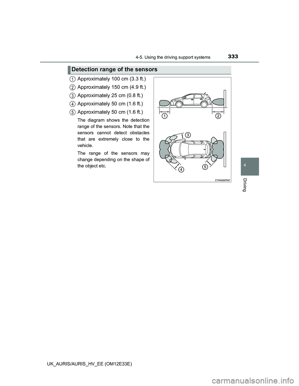 TOYOTA AURIS 2012 Owners Manual (in English) 3334-5. Using the driving support systems
UK_AURIS/AURIS_HV_EE (OM12E33E)
4
Driving
Approximately 100 cm (3.3 ft.)
Approximately 150 cm (4.9 ft.)
Approximately 25 cm (0.8 ft.)
Approximately 50 cm (1.6 TOYOTA AURIS 2012 Owners Manual (in English) 3334-5. Using the driving support systems
UK_AURIS/AURIS_HV_EE (OM12E33E)
4
Driving
Approximately 100 cm (3.3 ft.)
Approximately 150 cm (4.9 ft.)
Approximately 25 cm (0.8 ft.)
Approximately 50 cm (1.6