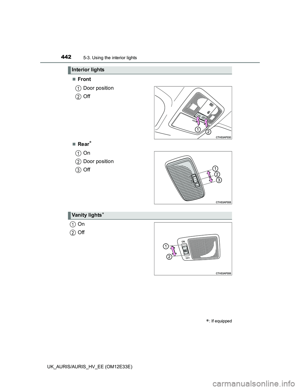 TOYOTA AURIS 2012  Owners Manual (in English) 4425-3. Using the interior lights
UK_AURIS/AURIS_HV_EE (OM12E33E)
Front
Door position
Off
Rear
On
Door position
Off
On
Off
Interior lights
: If equipped
1
2
1
2
3
Vanity lights
1
2 