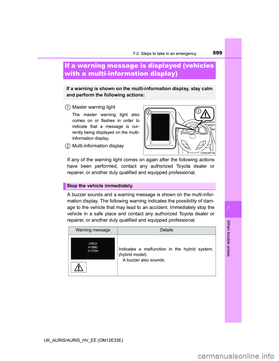 TOYOTA AURIS 2012 Owners Manual (in English) 5997-2. Steps to take in an emergency
UK_AURIS/AURIS_HV_EE (OM12E33E)
7
When trouble arises
Master warning light
The master warning light also
comes on or flashes in order to
indicate that a message i TOYOTA AURIS 2012 Owners Manual (in English) 5997-2. Steps to take in an emergency
UK_AURIS/AURIS_HV_EE (OM12E33E)
7
When trouble arises
Master warning light
The master warning light also
comes on or flashes in order to
indicate that a message i