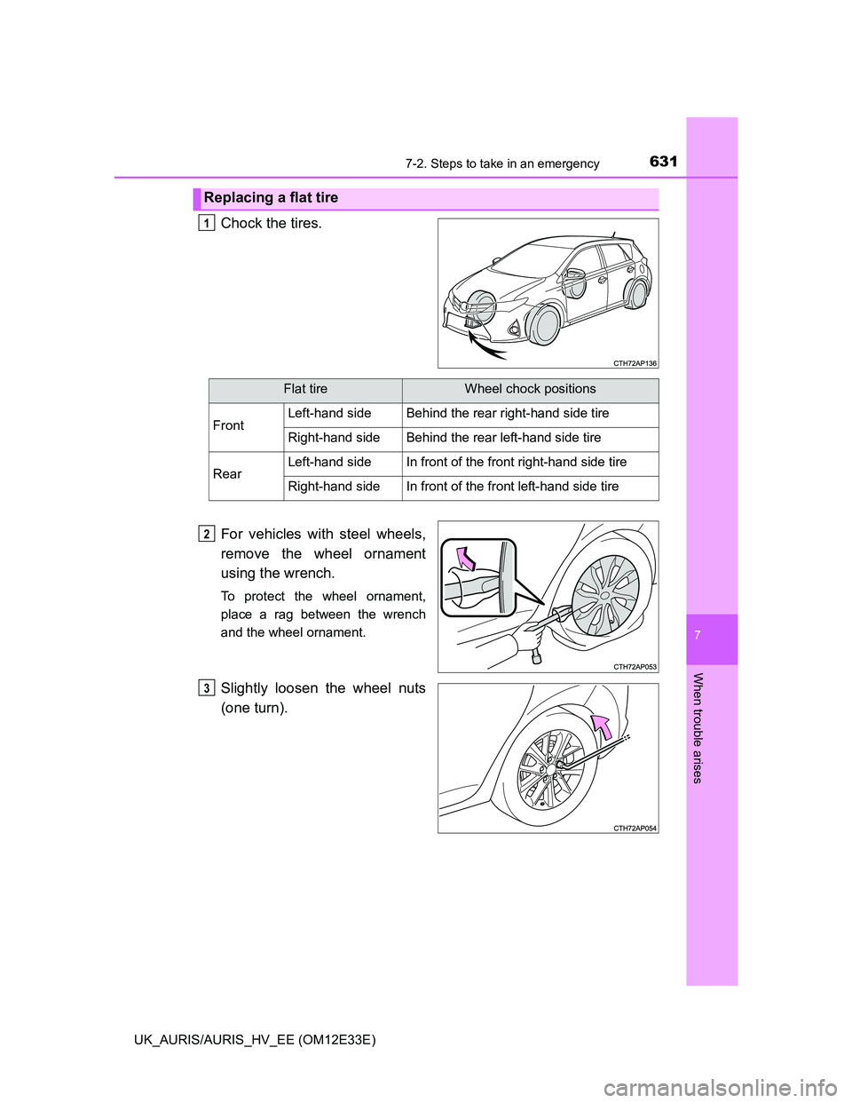 TOYOTA AURIS 2012 Owners Manual (in English) 6317-2. Steps to take in an emergency
UK_AURIS/AURIS_HV_EE (OM12E33E)
7
When trouble arises
Chock the tires.
For vehicles with steel wheels,
remove the wheel ornament
using the wrench.
To protect the TOYOTA AURIS 2012 Owners Manual (in English) 6317-2. Steps to take in an emergency
UK_AURIS/AURIS_HV_EE (OM12E33E)
7
When trouble arises
Chock the tires.
For vehicles with steel wheels,
remove the wheel ornament
using the wrench.
To protect the