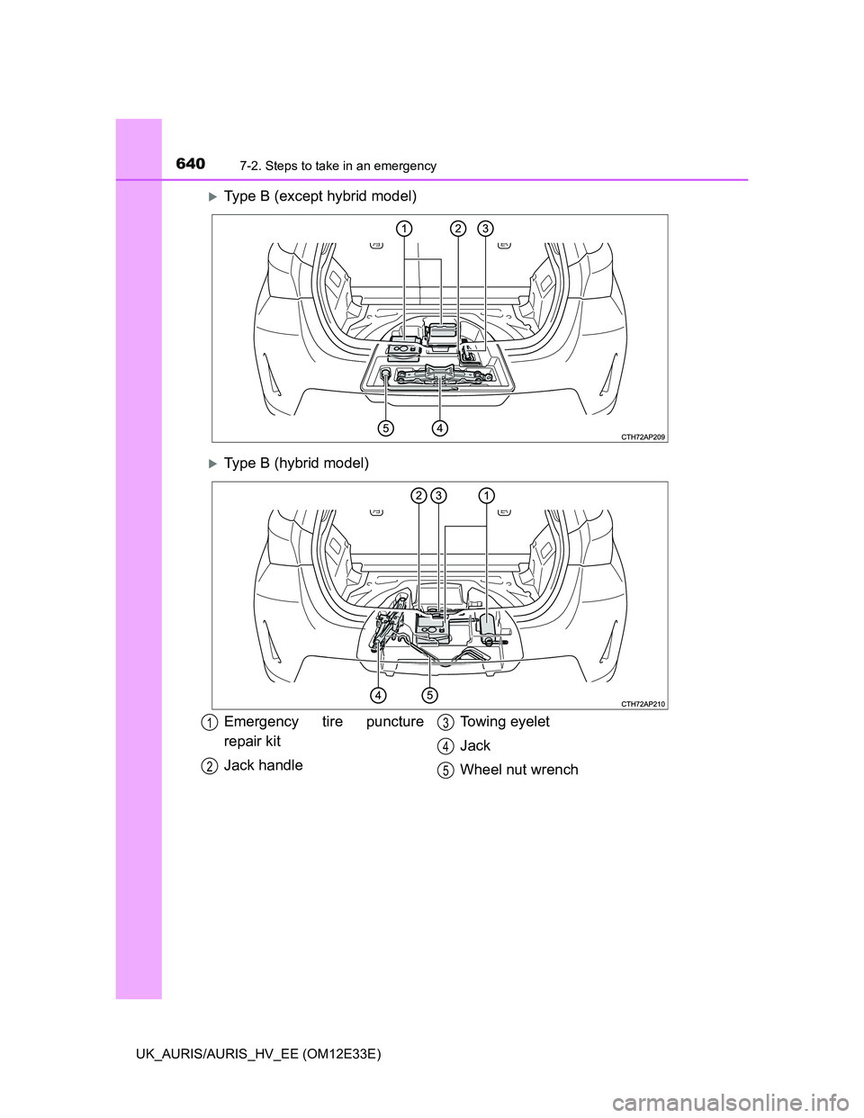 TOYOTA AURIS 2012  Owners Manual (in English) 6407-2. Steps to take in an emergency
UK_AURIS/AURIS_HV_EE (OM12E33E)
Type B (except hybrid model)
Type B (hybrid model)
Emergency tire puncture
repair kit
Jack handleTowing eyelet
Jack
Wheel nu