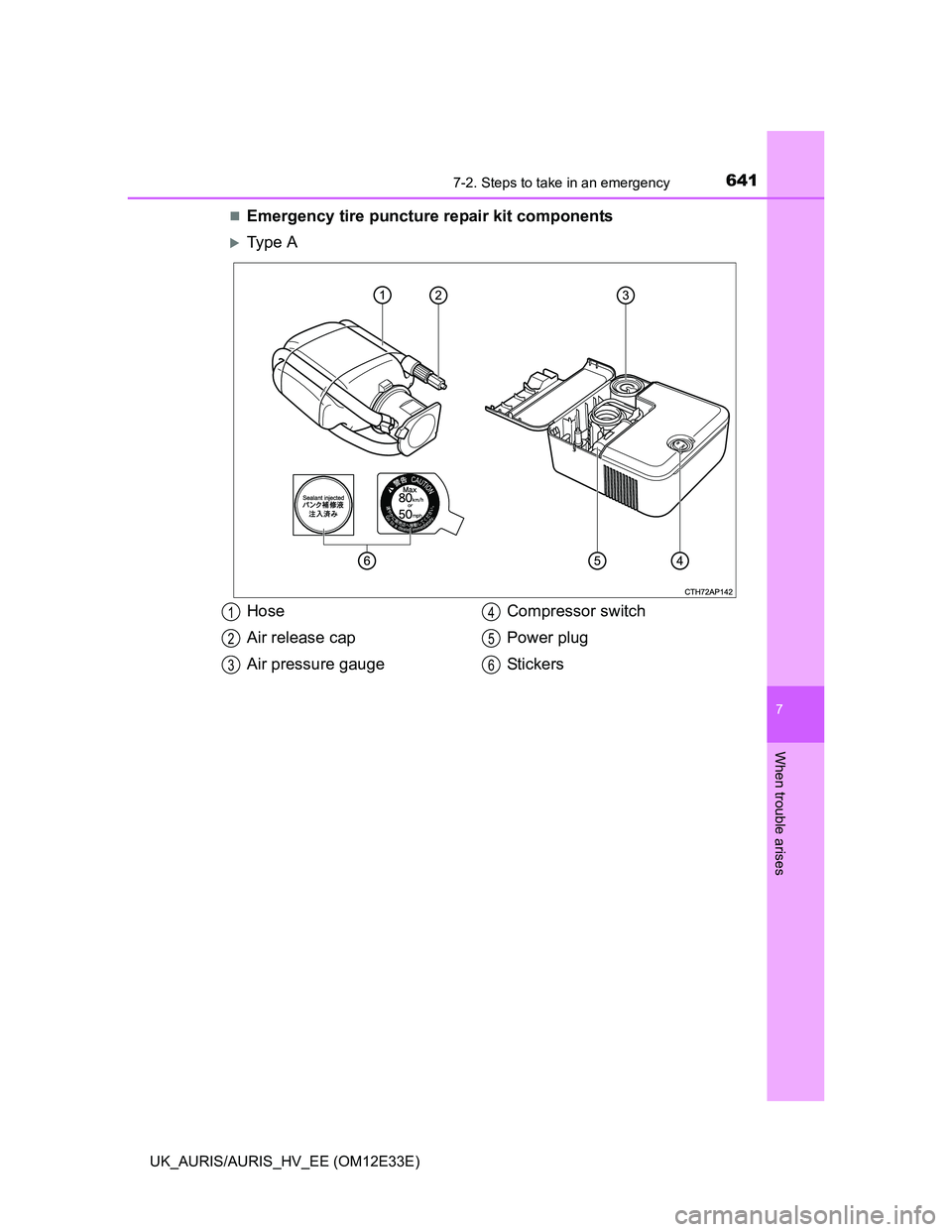 TOYOTA AURIS 2012  Owners Manual (in English) 6417-2. Steps to take in an emergency
UK_AURIS/AURIS_HV_EE (OM12E33E)
7
When trouble arises
Emergency tire puncture repair kit components
Ty p e  A
Hose
Air release cap
Air pressure gaugeCompres