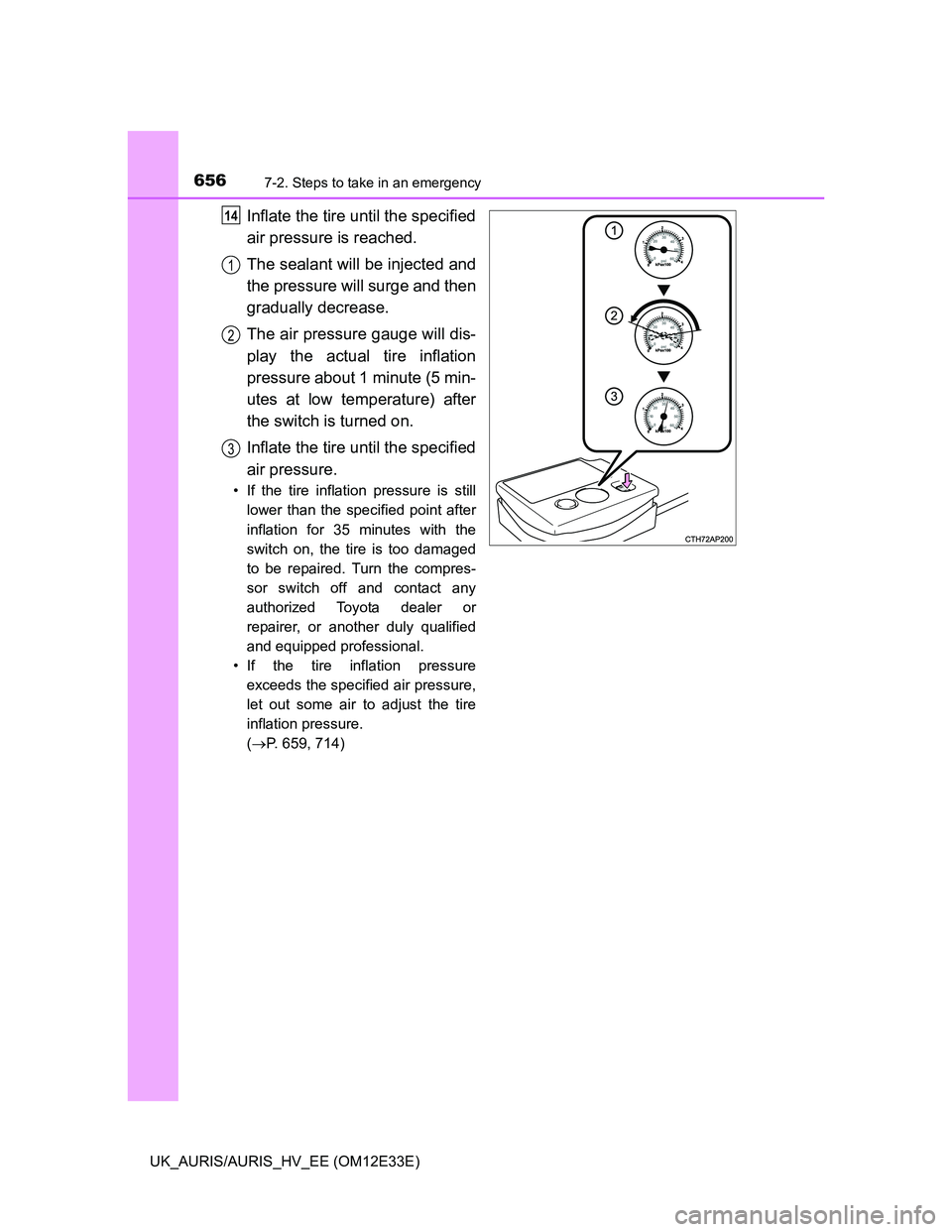 TOYOTA AURIS 2012 Owners Manual (in English) 6567-2. Steps to take in an emergency
UK_AURIS/AURIS_HV_EE (OM12E33E)
Inflate the tire until the specified
air pressure is reached.
The sealant will be injected and
the pressure will surge and then
gr TOYOTA AURIS 2012 Owners Manual (in English) 6567-2. Steps to take in an emergency
UK_AURIS/AURIS_HV_EE (OM12E33E)
Inflate the tire until the specified
air pressure is reached.
The sealant will be injected and
the pressure will surge and then
gr