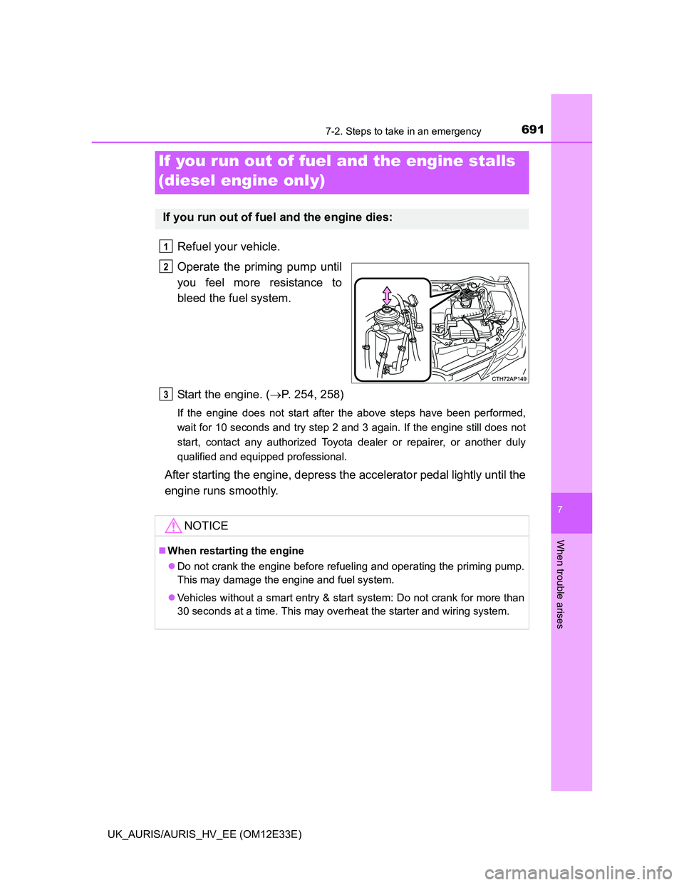 TOYOTA AURIS 2012 Owners Manual (in English) 6917-2. Steps to take in an emergency
UK_AURIS/AURIS_HV_EE (OM12E33E)
7
When trouble arises
Refuel your vehicle.
Operate the priming pump until
you feel more resistance to
bleed the fuel system.
Start TOYOTA AURIS 2012 Owners Manual (in English) 6917-2. Steps to take in an emergency
UK_AURIS/AURIS_HV_EE (OM12E33E)
7
When trouble arises
Refuel your vehicle.
Operate the priming pump until
you feel more resistance to
bleed the fuel system.
Start