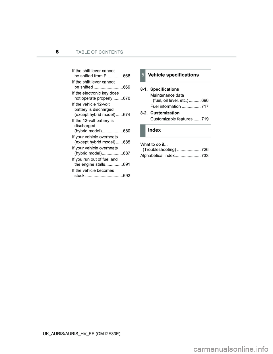 TOYOTA AURIS 2012  Owners Manual (in English) TABLE OF CONTENTS6
UK_AURIS/AURIS_HV_EE (OM12E33E)If the shift lever cannot 
be shifted from P .............668
If the shift lever cannot 
be shifted .........................669
If the electronic key