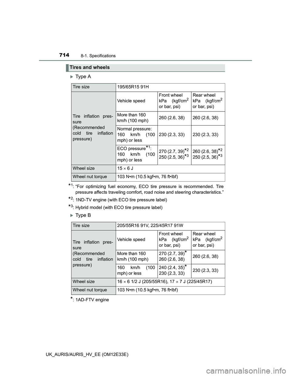 TOYOTA AURIS 2012 Owners Manual (in English) 7148-1. Specifications
UK_AURIS/AURIS_HV_EE (OM12E33E)
Ty p e A
*1: “For optimizing fuel economy, ECO tire pressure is recommended. Tire
pressure affects traveling comfort, road noise and steeri TOYOTA AURIS 2012 Owners Manual (in English) 7148-1. Specifications
UK_AURIS/AURIS_HV_EE (OM12E33E)
Ty p e A
*1: “For optimizing fuel economy, ECO tire pressure is recommended. Tire
pressure affects traveling comfort, road noise and steeri