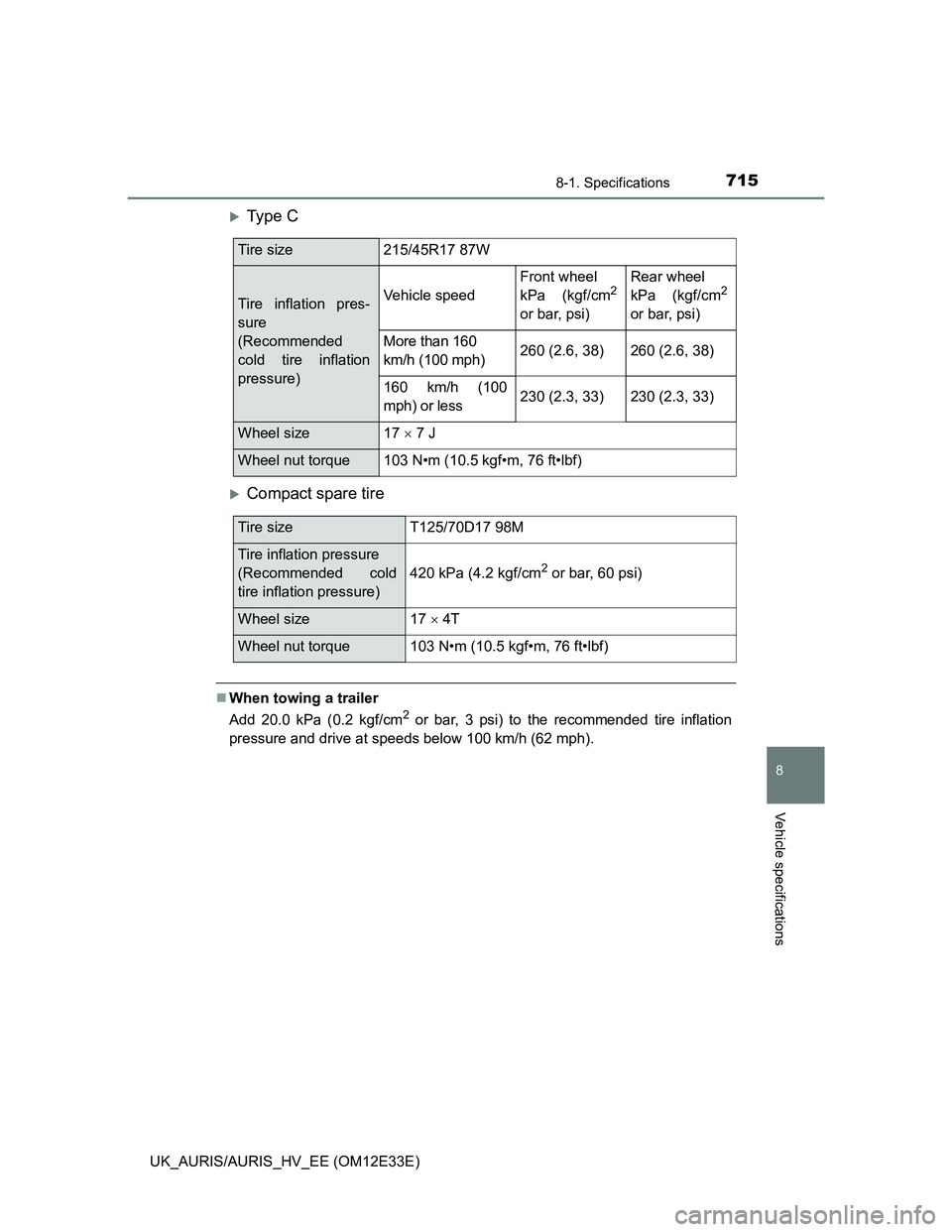 TOYOTA AURIS 2012 Owners Manual (in English) 7158-1. Specifications
UK_AURIS/AURIS_HV_EE (OM12E33E)
8
Vehicle specifications
Ty p e C
Compact spare tire
When towing a trailer
Add 20.0 kPa (0.2 kgf/cm
2 or bar, 3 psi) to the recommended TOYOTA AURIS 2012 Owners Manual (in English) 7158-1. Specifications
UK_AURIS/AURIS_HV_EE (OM12E33E)
8
Vehicle specifications
Ty p e C
Compact spare tire
When towing a trailer
Add 20.0 kPa (0.2 kgf/cm
2 or bar, 3 psi) to the recommended