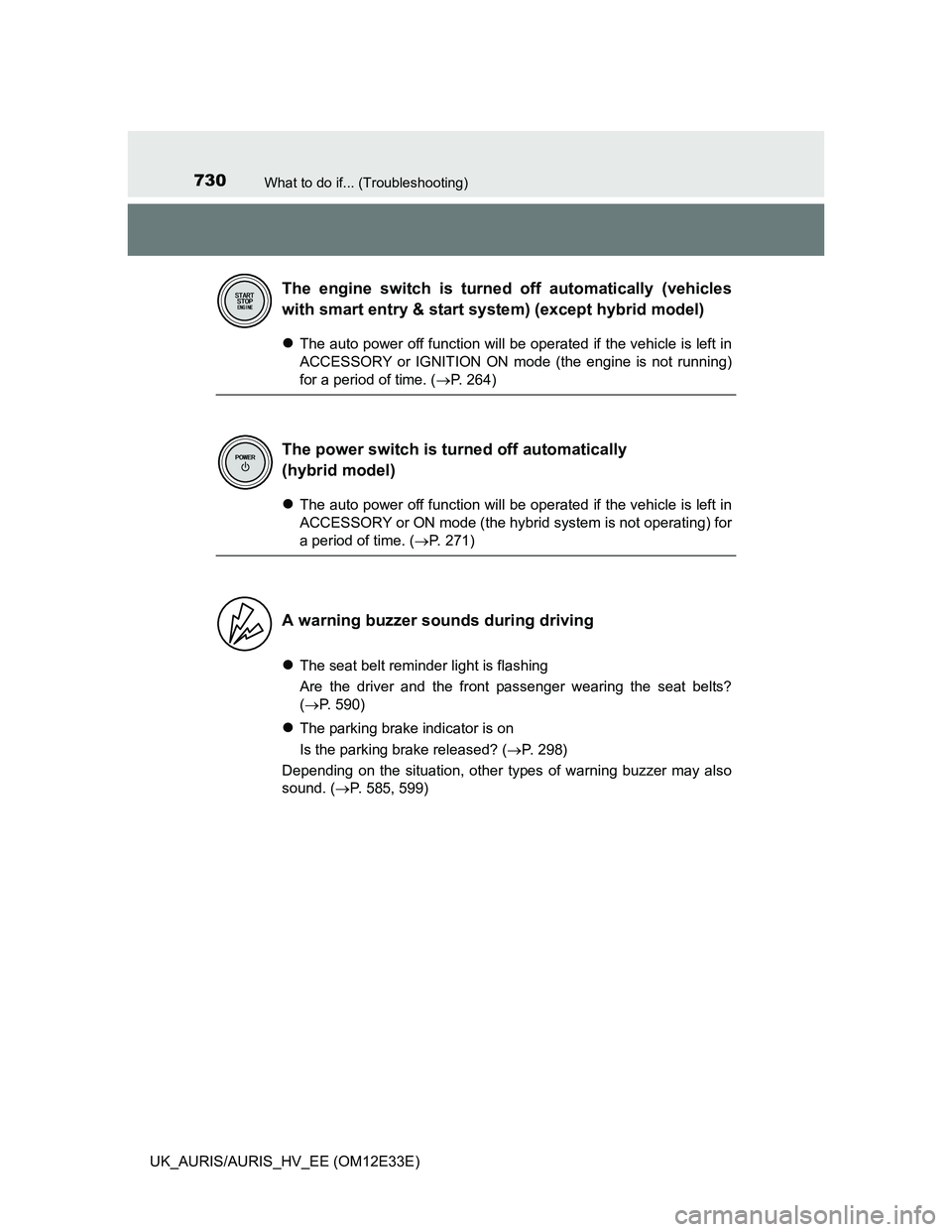 TOYOTA AURIS 2012 Owners Manual (in English) 730What to do if... (Troubleshooting)
UK_AURIS/AURIS_HV_EE (OM12E33E)
The auto power off function will be operated if the vehicle is left in
ACCESSORY or IGNITION ON mode (the engine is not running TOYOTA AURIS 2012 Owners Manual (in English) 730What to do if... (Troubleshooting)
UK_AURIS/AURIS_HV_EE (OM12E33E)
The auto power off function will be operated if the vehicle is left in
ACCESSORY or IGNITION ON mode (the engine is not running