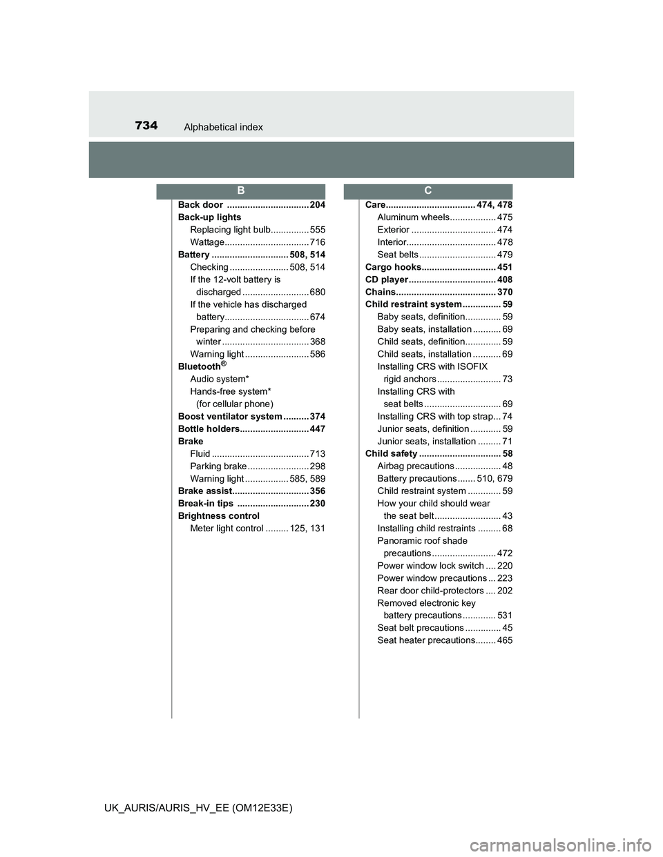 TOYOTA AURIS 2012 Owners Manual (in English) 734Alphabetical index
UK_AURIS/AURIS_HV_EE (OM12E33E)
Back door ................................ 204
Back-up lights
Replacing light bulb............... 555
Wattage................................. 71 TOYOTA AURIS 2012 Owners Manual (in English) 734Alphabetical index
UK_AURIS/AURIS_HV_EE (OM12E33E)
Back door ................................ 204
Back-up lights
Replacing light bulb............... 555
Wattage................................. 71