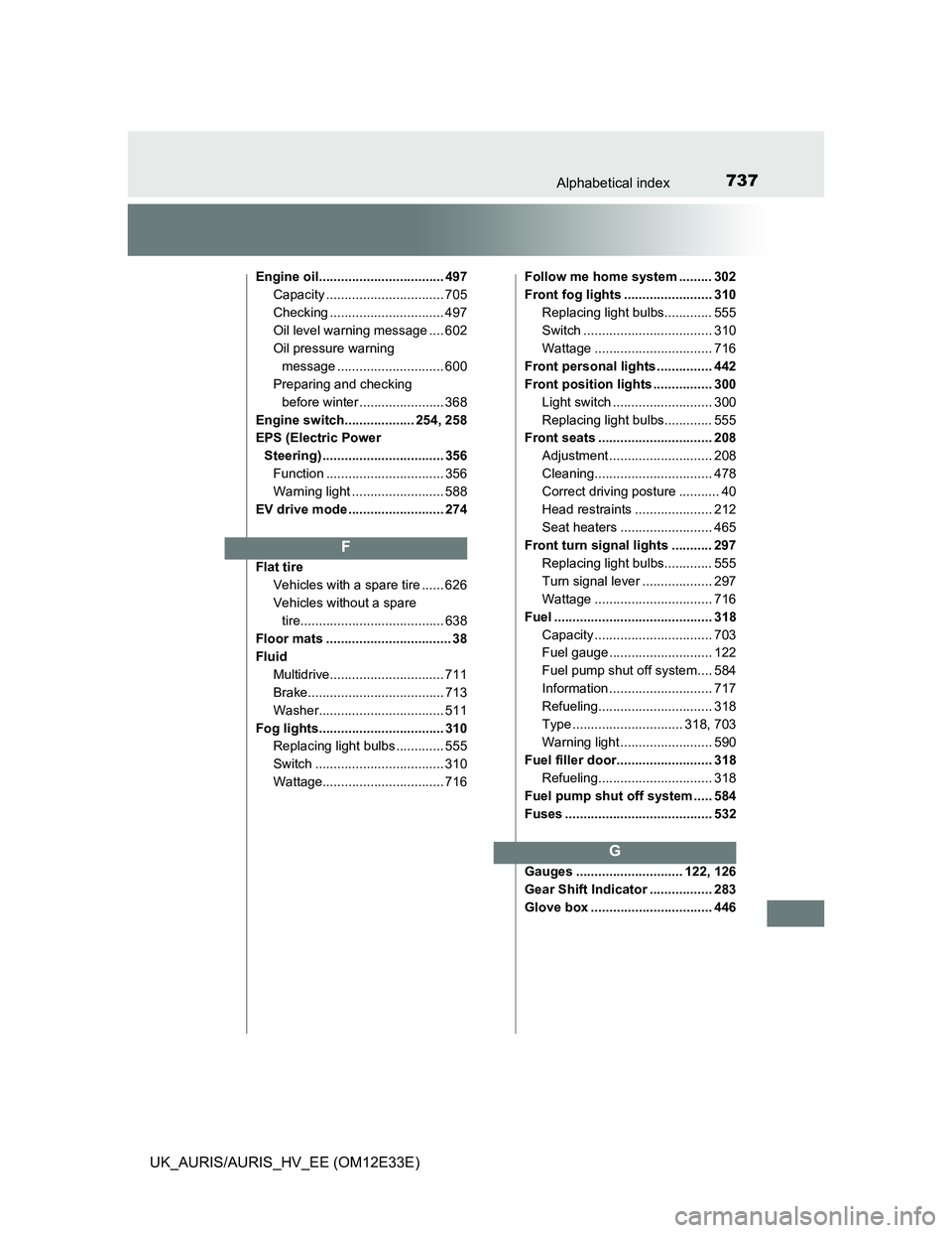 TOYOTA AURIS 2012 Owners Manual (in English) 737Alphabetical index
UK_AURIS/AURIS_HV_EE (OM12E33E)
Engine oil.................................. 497
Capacity ................................ 705
Checking ............................... 497
Oil le TOYOTA AURIS 2012 Owners Manual (in English) 737Alphabetical index
UK_AURIS/AURIS_HV_EE (OM12E33E)
Engine oil.................................. 497
Capacity ................................ 705
Checking ............................... 497
Oil le