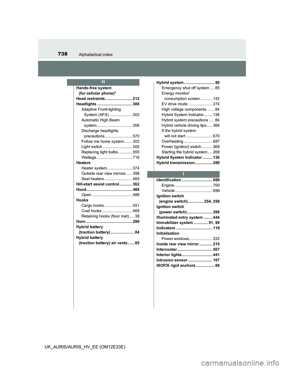 TOYOTA AURIS 2012 Owners Manual (in English) 738Alphabetical index
UK_AURIS/AURIS_HV_EE (OM12E33E)
Hands-free system
(for cellular phone)*
Head restraints......................... 212
Headlights ................................ 300
Adaptive Fro TOYOTA AURIS 2012 Owners Manual (in English) 738Alphabetical index
UK_AURIS/AURIS_HV_EE (OM12E33E)
Hands-free system
(for cellular phone)*
Head restraints......................... 212
Headlights ................................ 300
Adaptive Fro