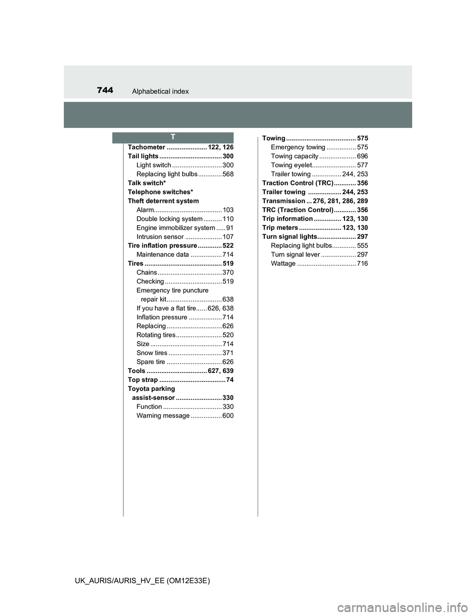 TOYOTA AURIS 2012 Owners Manual (in English) 744Alphabetical index
UK_AURIS/AURIS_HV_EE (OM12E33E)
Tachometer ...................... 122, 126
Tail lights .................................. 300
Light switch ........................... 300
Replaci TOYOTA AURIS 2012 Owners Manual (in English) 744Alphabetical index
UK_AURIS/AURIS_HV_EE (OM12E33E)
Tachometer ...................... 122, 126
Tail lights .................................. 300
Light switch ........................... 300
Replaci