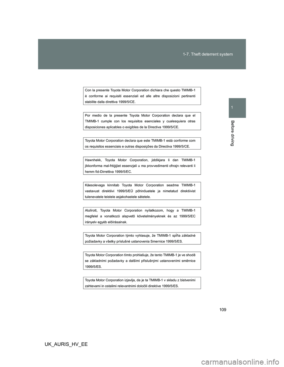 TOYOTA AURIS 2011  Owners Manual (in English) 109 1-7. Theft deterrent system
1
Before driving
UK_AURIS_HV_EE
 
Con la presente Toyota Motor Corporation dichiara che questo TMIMB-1 
è conforme ai requisiti essenziali ed alle altre disposizioni p