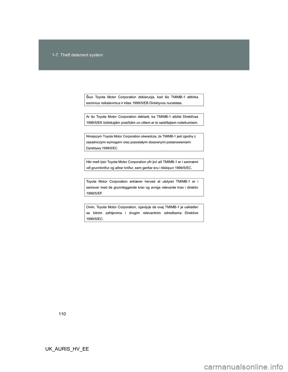 TOYOTA AURIS 2011  Owners Manual (in English) 110 1-7. Theft deterrent system
UK_AURIS_HV_EE
 
Šiuo Toyota Motor Corporation deklaruoja, kad šis TMIMB-1 atitinka 
esminius reikalavimus ir kitas 1999/5/EB Direktyvos nuostatas. 
 
Ar šo Toyota M