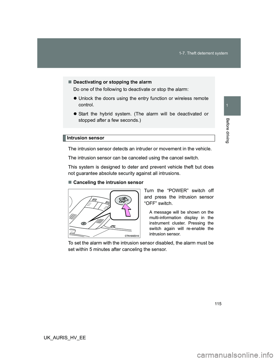 TOYOTA AURIS 2011  Owners Manual (in English) 115 1-7. Theft deterrent system
1
Before driving
UK_AURIS_HV_EE
Intrusion sensor
The intrusion sensor detects an intruder or movement in the vehicle.
The intrusion sensor can be canceled using the can