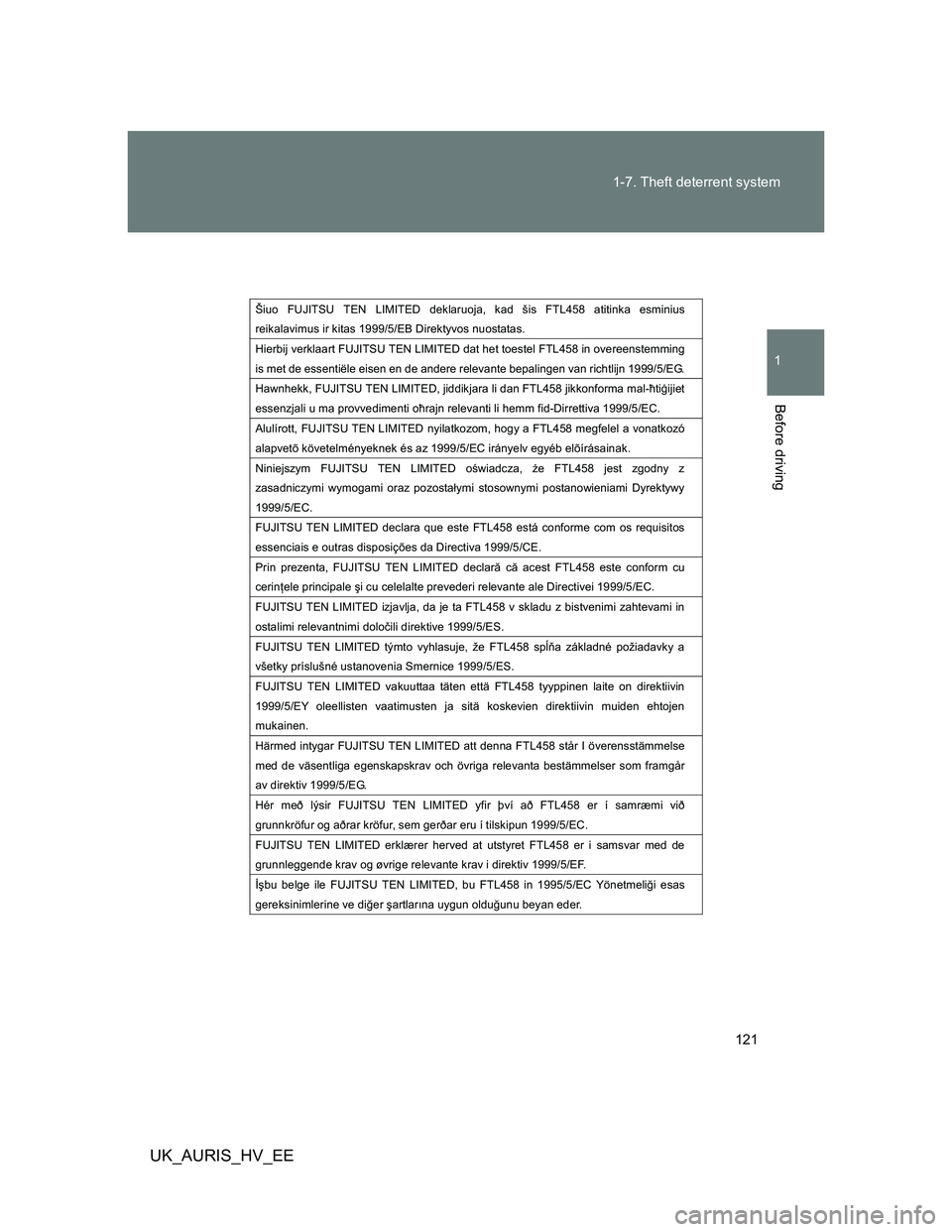 TOYOTA AURIS 2011  Owners Manual (in English) 121 1-7. Theft deterrent system
1
Before driving
UK_AURIS_HV_EE
Šiuo FUJITSU TEN LIMITED deklaruoja, kad šis FTL458 atitinka esminius 
reikalavimus ir kitas 1999/5/EB Direktyvos nuostatas.>Ì
Hierbi