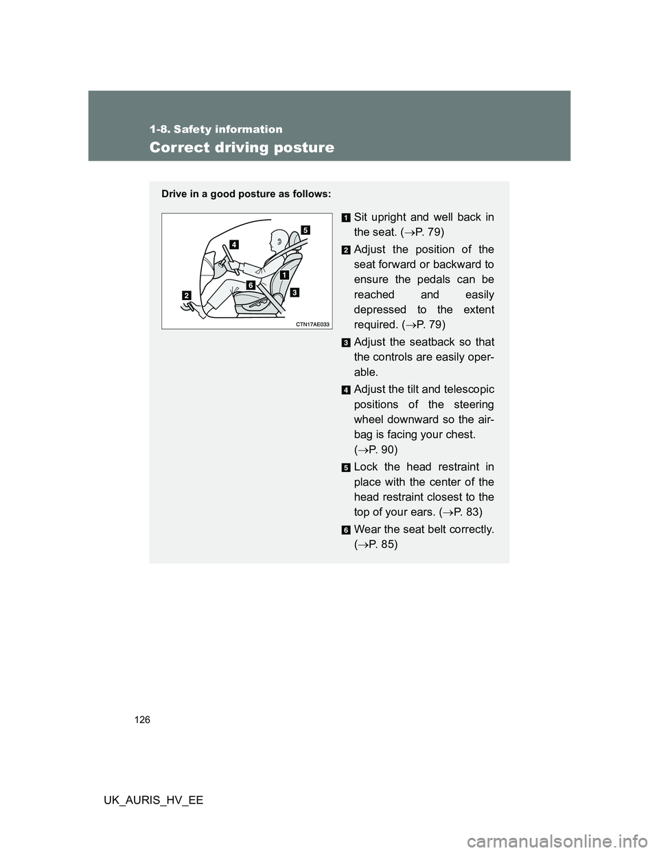 TOYOTA AURIS 2011  Owners Manual (in English) 126
UK_AURIS_HV_EE
1-8. Safety information
Correct driving posture
Drive in a good posture as follows:
Sit upright and well back in
the seat. (P.  7 9 )
Adjust the position of the
seat forward or b
