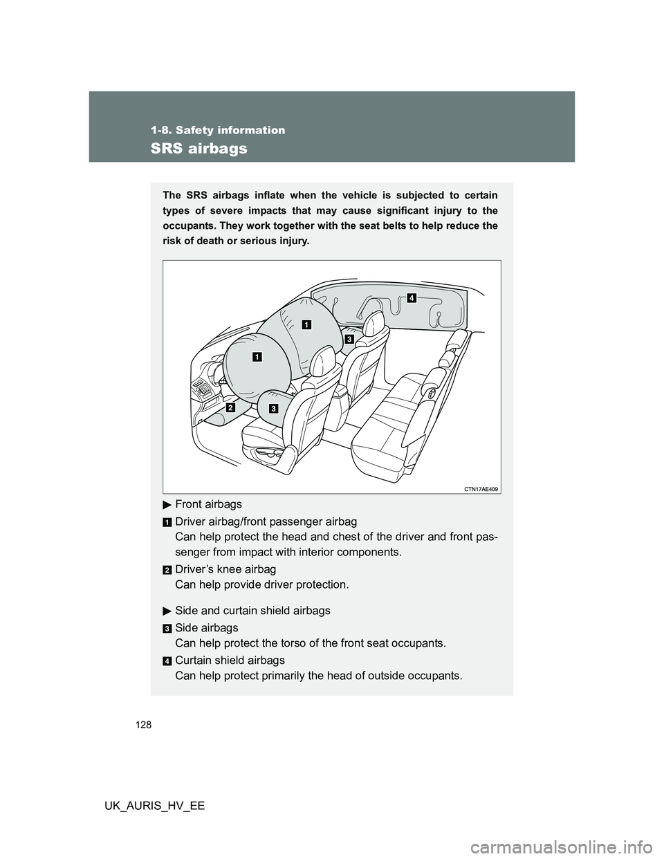 TOYOTA AURIS 2011  Owners Manual (in English) 128
1-8. Safety information
UK_AURIS_HV_EE
SRS airbags
The SRS airbags inflate when the vehicle is subjected to certain
types of severe impacts that may cause significant injury to the
occupants. They