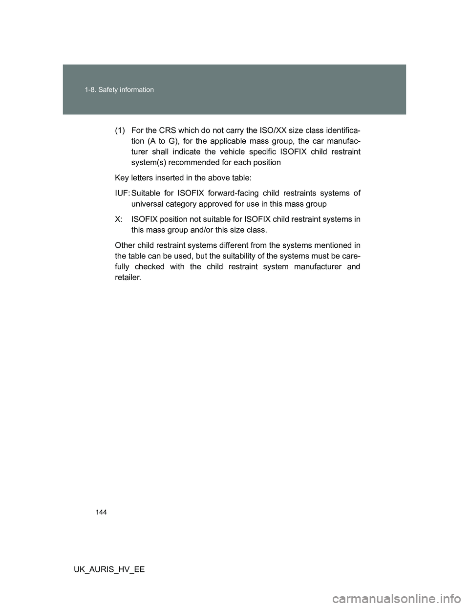 TOYOTA AURIS 2011 Owners Manual (in English) 144 1-8. Safety information
UK_AURIS_HV_EE(1) For the CRS which do not carry the ISO/XX size class identifica-
tion (A to G), for the applicable mass group, the car manufac-
turer shall indicate the v TOYOTA AURIS 2011 Owners Manual (in English) 144 1-8. Safety information
UK_AURIS_HV_EE(1) For the CRS which do not carry the ISO/XX size class identifica-
tion (A to G), for the applicable mass group, the car manufac-
turer shall indicate the v
