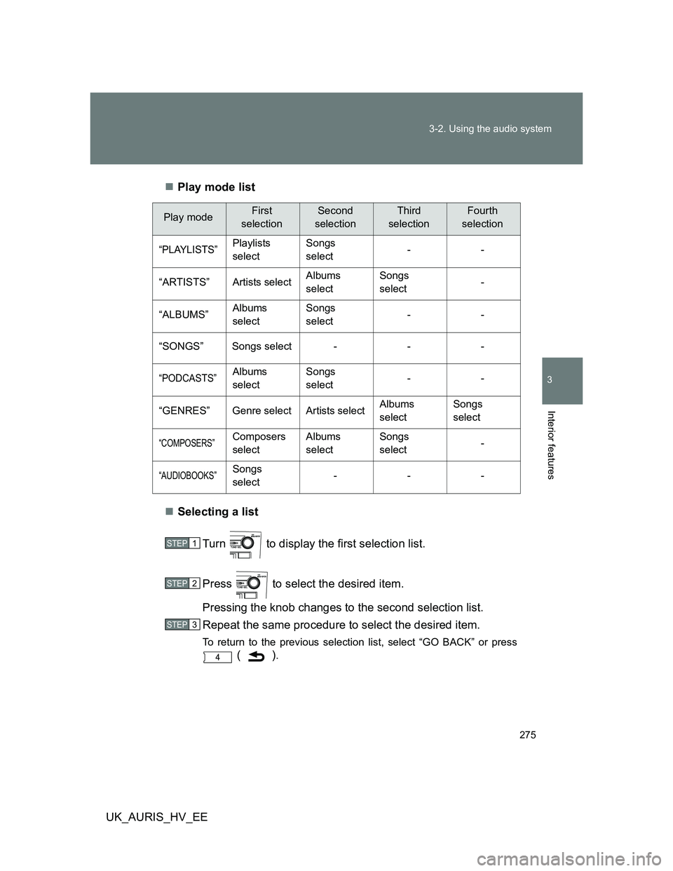 TOYOTA AURIS 2011 Owners Manual (in English) 275 3-2. Using the audio system
3
Interior features
UK_AURIS_HV_EEPlay mode list
Selecting a list
Turn to display the first selection list.
Press to select the desired item.
Pressing the kno TOYOTA AURIS 2011 Owners Manual (in English) 275 3-2. Using the audio system
3
Interior features
UK_AURIS_HV_EEPlay mode list
Selecting a list
Turn to display the first selection list.
Press to select the desired item.
Pressing the kno