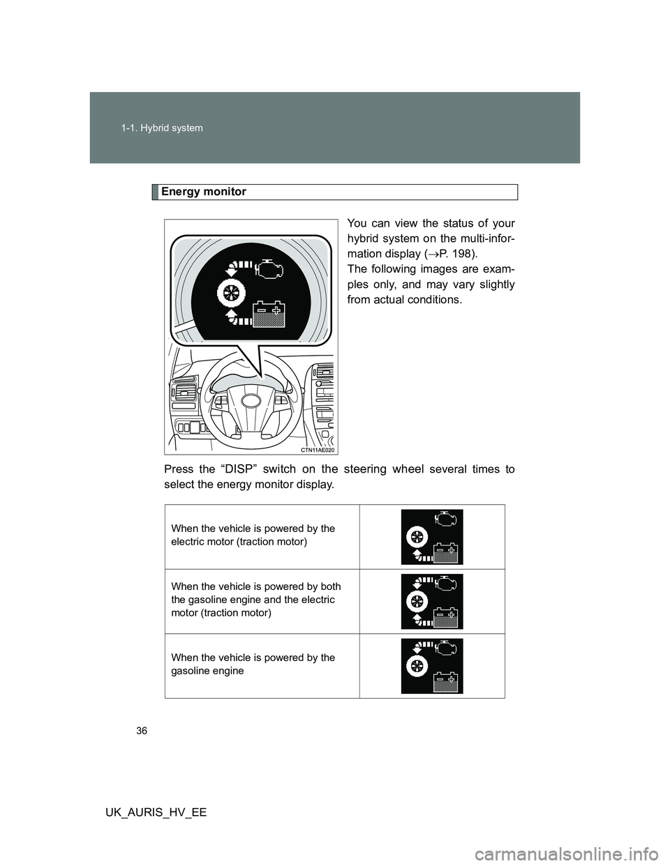 TOYOTA AURIS 2011 (in English) Owners Guide 36 1-1. Hybrid system
UK_AURIS_HV_EE
Energy monitor
You can view the status of your
hybrid system on the multi-infor-
mation display (P. 198).
The following images are exam-
ples only, and may var TOYOTA AURIS 2011 (in English) Owners Guide 36 1-1. Hybrid system
UK_AURIS_HV_EE
Energy monitor
You can view the status of your
hybrid system on the multi-infor-
mation display (P. 198).
The following images are exam-
ples only, and may var