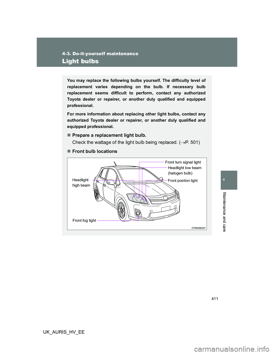 TOYOTA AURIS 2011 Owners Manual (in English) 411
4-3. Do-it-yourself maintenance
4
Maintenance and care
UK_AURIS_HV_EE
Light bulbs
You may replace the following bulbs yourself. The difficulty level of
replacement varies depending on the bulb. If TOYOTA AURIS 2011 Owners Manual (in English) 411
4-3. Do-it-yourself maintenance
4
Maintenance and care
UK_AURIS_HV_EE
Light bulbs
You may replace the following bulbs yourself. The difficulty level of
replacement varies depending on the bulb. If