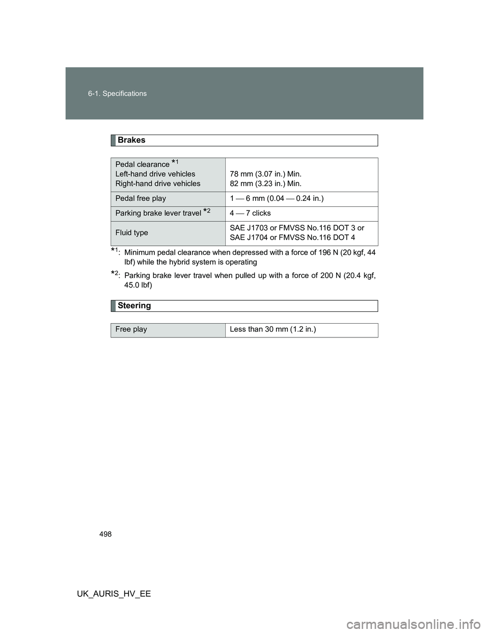 TOYOTA AURIS 2011  Owners Manual (in English) 498 6-1. Specifications
UK_AURIS_HV_EE
Brakes
*1: Minimum pedal clearance when depressed with a force of 196 N (20 kgf, 44
lbf) while the hybrid system is operating
*2: Parking brake lever travel when