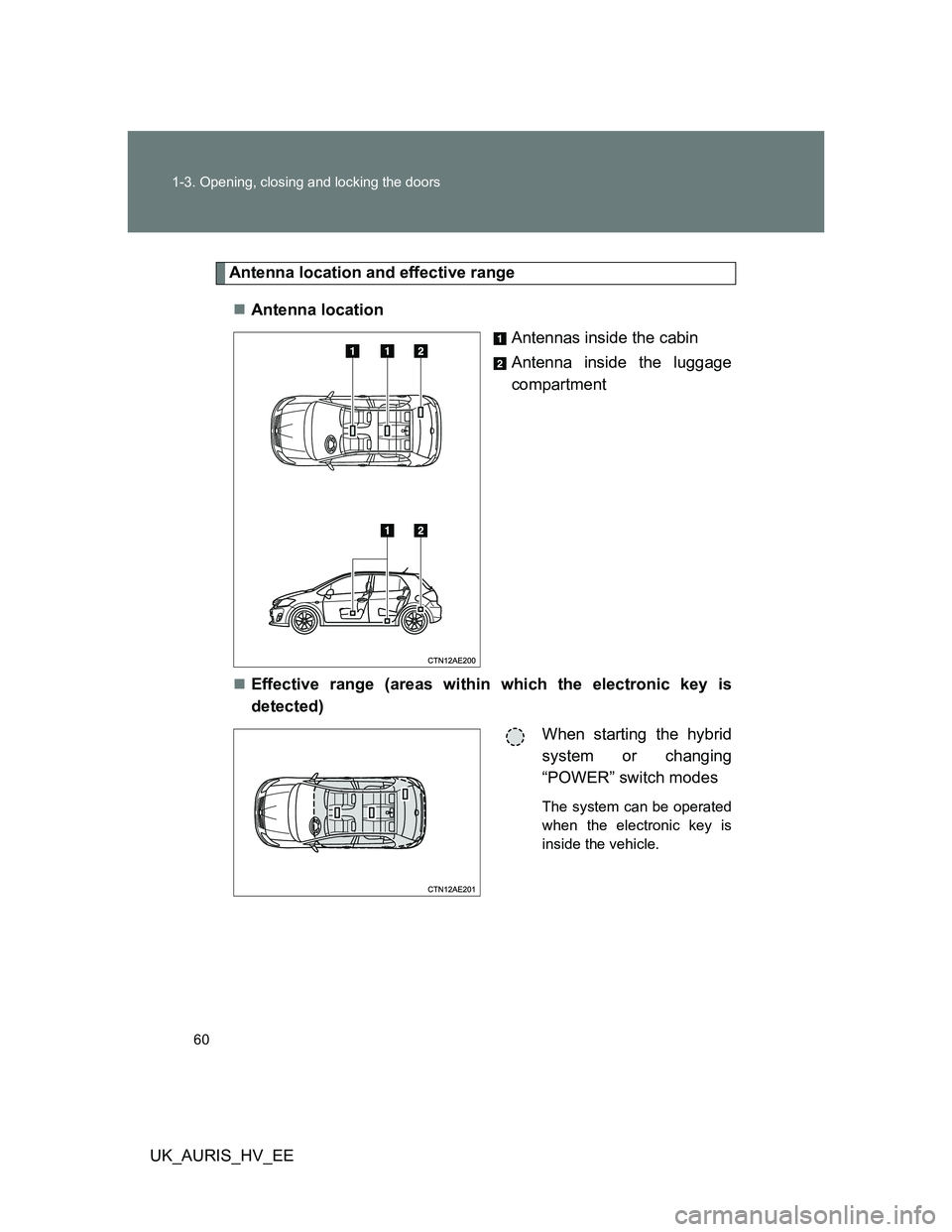 TOYOTA AURIS 2011 (in English) Workshop Manual 60 1-3. Opening, closing and locking the doors
UK_AURIS_HV_EE
Antenna location and effective range
Antenna location
Antennas inside the cabin
Antenna inside the luggage
compartment
Effective ran TOYOTA AURIS 2011 (in English) Workshop Manual 60 1-3. Opening, closing and locking the doors
UK_AURIS_HV_EE
Antenna location and effective range
Antenna location
Antennas inside the cabin
Antenna inside the luggage
compartment
Effective ran