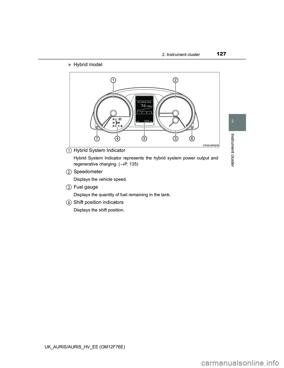 TOYOTA AURIS 2013 Owners Manual (in English) 1272. Instrument cluster
UK_AURIS/AURIS_HV_EE (OM12F76E)
2
Instrument cluster
Hybrid model
Hybrid System Indicator
Hybrid System Indicator represents the hybrid system power output and
regenerative TOYOTA AURIS 2013 Owners Manual (in English) 1272. Instrument cluster
UK_AURIS/AURIS_HV_EE (OM12F76E)
2
Instrument cluster
Hybrid model
Hybrid System Indicator
Hybrid System Indicator represents the hybrid system power output and
regenerative