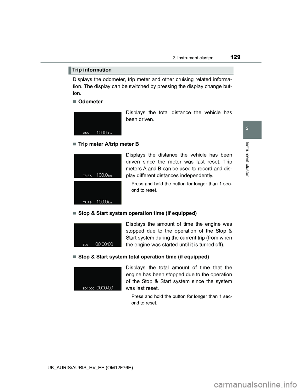 TOYOTA AURIS 2013 Owners Manual (in English) 1292. Instrument cluster
UK_AURIS/AURIS_HV_EE (OM12F76E)
2
Instrument cluster
Displays the odometer, trip meter and other cruising related informa-
tion. The display can be switched by pressing the di TOYOTA AURIS 2013 Owners Manual (in English) 1292. Instrument cluster
UK_AURIS/AURIS_HV_EE (OM12F76E)
2
Instrument cluster
Displays the odometer, trip meter and other cruising related informa-
tion. The display can be switched by pressing the di