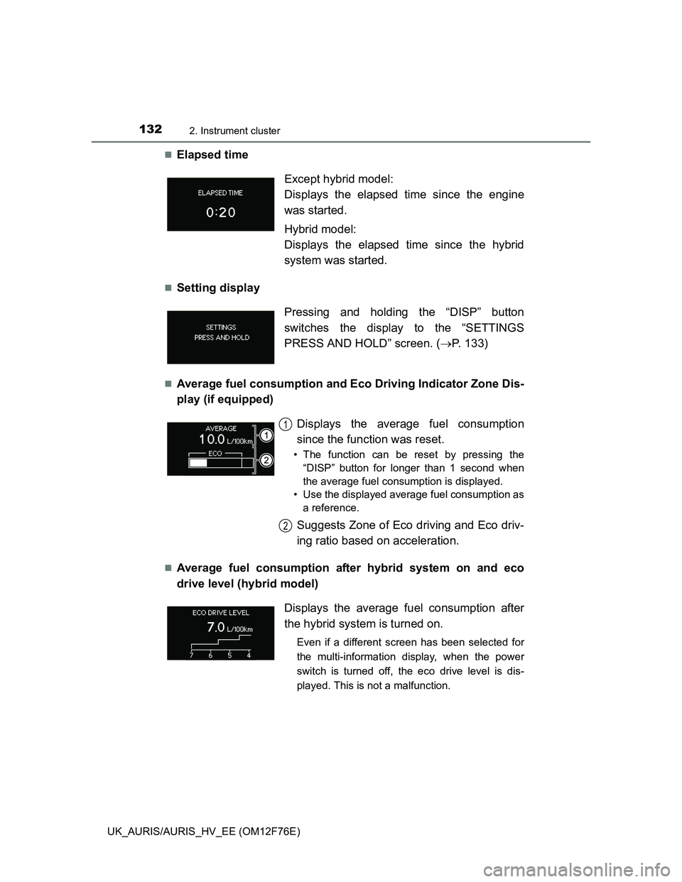 TOYOTA AURIS 2013 Owners Manual (in English) 1322. Instrument cluster
UK_AURIS/AURIS_HV_EE (OM12F76E)
Elapsed time
Setting display
Average fuel consumption and Eco Driving Indicator Zone Dis-
play (if equipped)
Average fuel consumpti TOYOTA AURIS 2013 Owners Manual (in English) 1322. Instrument cluster
UK_AURIS/AURIS_HV_EE (OM12F76E)
Elapsed time
Setting display
Average fuel consumption and Eco Driving Indicator Zone Dis-
play (if equipped)
Average fuel consumpti