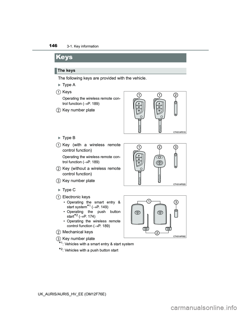 TOYOTA AURIS 2013  Owners Manual (in English) 146
UK_AURIS/AURIS_HV_EE (OM12F76E)
3-1. Key information
The following keys are provided with the vehicle.
Ty p e  A
Keys
Operating the wireless remote con-
trol function (P. 189)
Key number pla