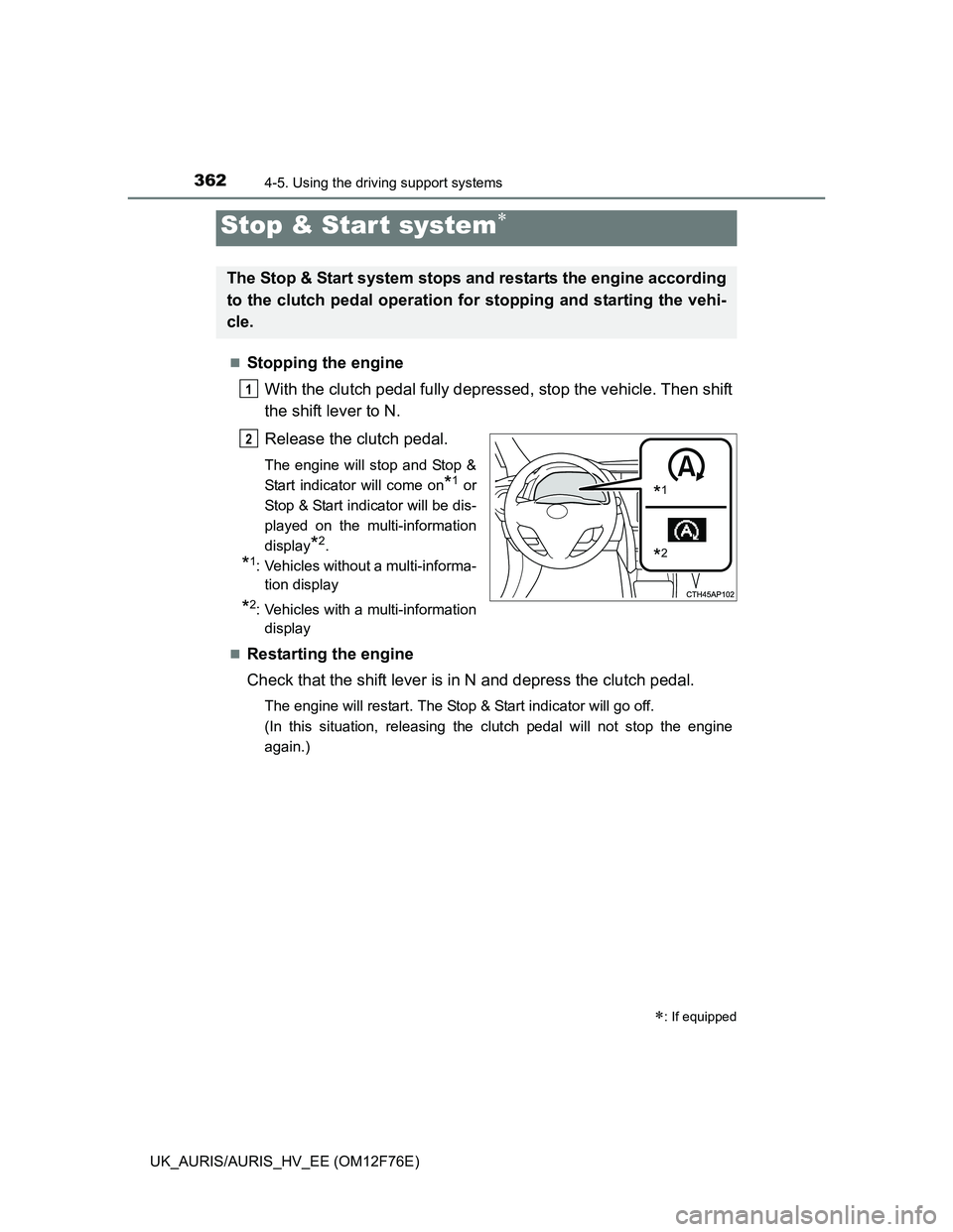 TOYOTA AURIS 2013 Owners Manual (in English) 3624-5. Using the driving support systems
UK_AURIS/AURIS_HV_EE (OM12F76E)
Stopping the engine
With the clutch pedal fully depressed, stop the vehicle. Then shift
the shift lever to N.
Release the c TOYOTA AURIS 2013 Owners Manual (in English) 3624-5. Using the driving support systems
UK_AURIS/AURIS_HV_EE (OM12F76E)
Stopping the engine
With the clutch pedal fully depressed, stop the vehicle. Then shift
the shift lever to N.
Release the c
