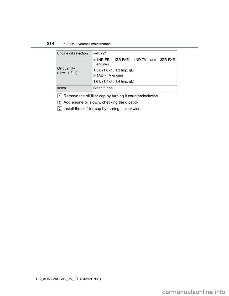 TOYOTA AURIS 2013 Owners Manual (in English) 5146-3. Do-it-yourself maintenance
UK_AURIS/AURIS_HV_EE (OM12F76E)
Remove the oil filler cap by turning it counterclockwise.
Add engine oil slowly, checking the dipstick.
Install the oil filler cap by TOYOTA AURIS 2013 Owners Manual (in English) 5146-3. Do-it-yourself maintenance
UK_AURIS/AURIS_HV_EE (OM12F76E)
Remove the oil filler cap by turning it counterclockwise.
Add engine oil slowly, checking the dipstick.
Install the oil filler cap by