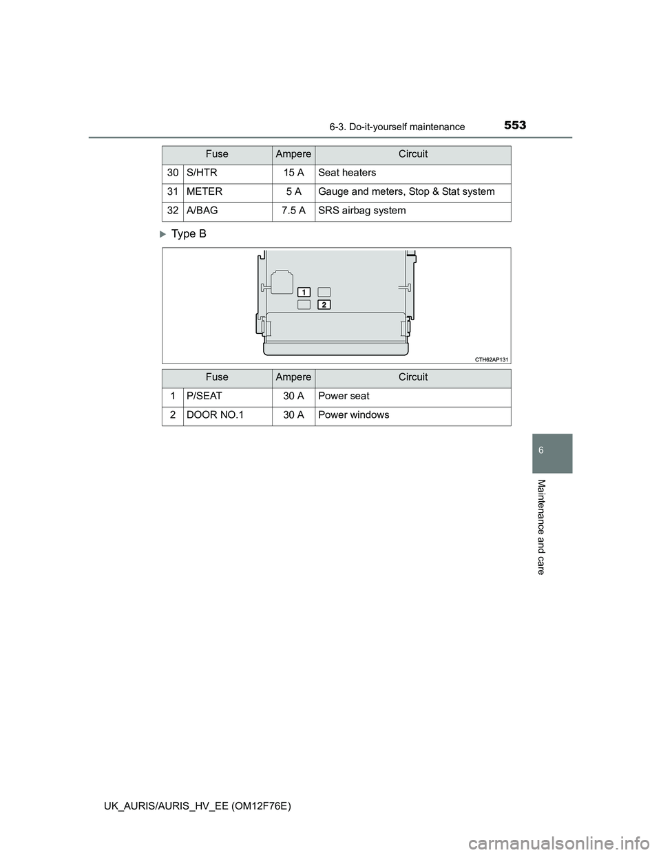 TOYOTA AURIS 2013 Owners Manual (in English) 5536-3. Do-it-yourself maintenance
UK_AURIS/AURIS_HV_EE (OM12F76E)
6
Maintenance and care
Ty p e B
30S/HTR15 ASeat heaters
31METER5 AGauge and meters, Stop & Stat system
32A/BAG7.5 ASRS airbag sys TOYOTA AURIS 2013 Owners Manual (in English) 5536-3. Do-it-yourself maintenance
UK_AURIS/AURIS_HV_EE (OM12F76E)
6
Maintenance and care
Ty p e B
30S/HTR15 ASeat heaters
31METER5 AGauge and meters, Stop & Stat system
32A/BAG7.5 ASRS airbag sys