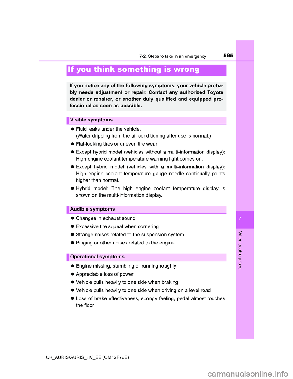 TOYOTA AURIS 2013 Owners Manual (in English) 5957-2. Steps to take in an emergency
UK_AURIS/AURIS_HV_EE (OM12F76E)
7
When trouble arises
Fluid leaks under the vehicle.
(Water dripping from the air conditioning after use is normal.)
Flat-lo TOYOTA AURIS 2013 Owners Manual (in English) 5957-2. Steps to take in an emergency
UK_AURIS/AURIS_HV_EE (OM12F76E)
7
When trouble arises
Fluid leaks under the vehicle.
(Water dripping from the air conditioning after use is normal.)
Flat-lo