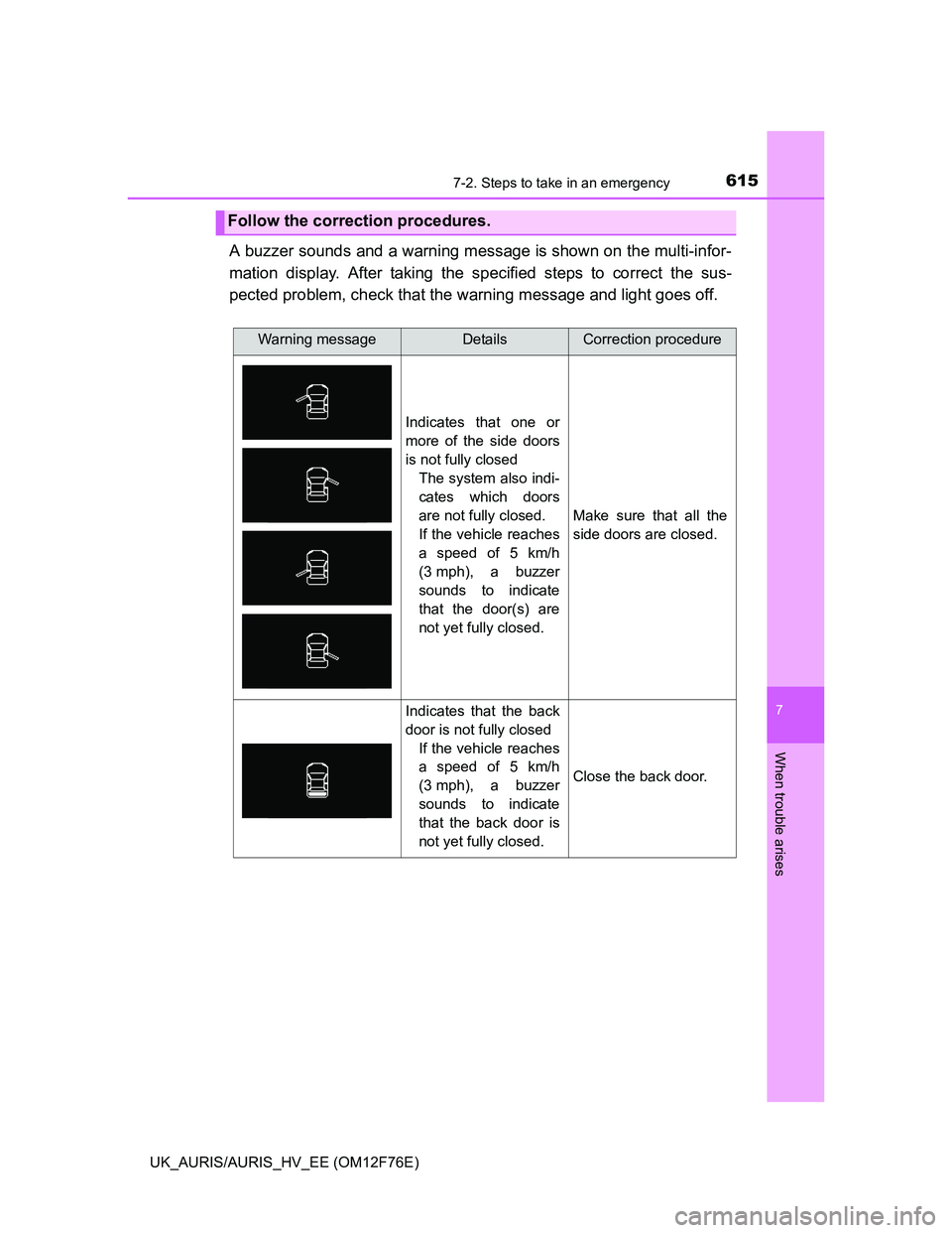 TOYOTA AURIS 2013 Owners Manual (in English) 6157-2. Steps to take in an emergency
UK_AURIS/AURIS_HV_EE (OM12F76E)
7
When trouble arises
A buzzer sounds and a warning message is shown on the multi-infor-
mation display. After taking the specifie TOYOTA AURIS 2013 Owners Manual (in English) 6157-2. Steps to take in an emergency
UK_AURIS/AURIS_HV_EE (OM12F76E)
7
When trouble arises
A buzzer sounds and a warning message is shown on the multi-infor-
mation display. After taking the specifie