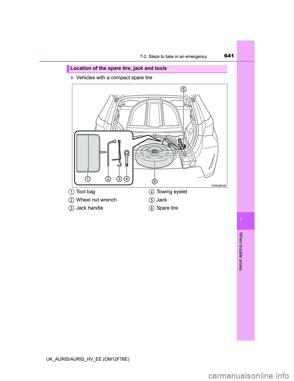 TOYOTA AURIS 2013  Owners Manual (in English) 6417-2. Steps to take in an emergency
UK_AURIS/AURIS_HV_EE (OM12F76E)
7
When trouble arises
Vehicles with a compact spare tire
Location of the spare tire, jack and tools
Tool bag
Wheel nut wrench
J