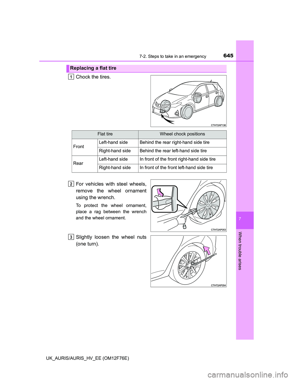 TOYOTA AURIS 2013  Owners Manual (in English) 6457-2. Steps to take in an emergency
UK_AURIS/AURIS_HV_EE (OM12F76E)
7
When trouble arises
Chock the tires.
For vehicles with steel wheels,
remove the wheel ornament
using the wrench.
To protect the 