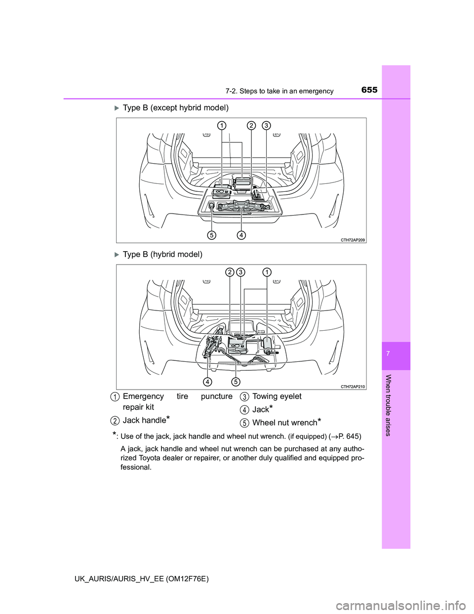 TOYOTA AURIS 2013  Owners Manual (in English) 6557-2. Steps to take in an emergency
UK_AURIS/AURIS_HV_EE (OM12F76E)
7
When trouble arises
Type B (except hybrid model)
Type B (hybrid model)
*: Use of the jack, jack handle and wheel nut wrenc