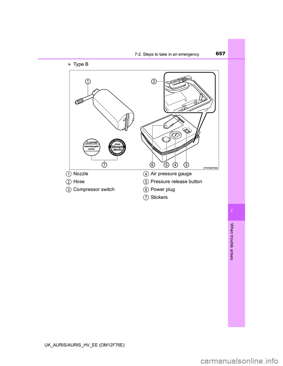 TOYOTA AURIS 2013  Owners Manual (in English) 6577-2. Steps to take in an emergency
UK_AURIS/AURIS_HV_EE (OM12F76E)
7
When trouble arises
Ty p e  B
   
Nozzle
Hose
Compressor switchAir pressure gauge
Pressure release button
Power plug
St ic ke