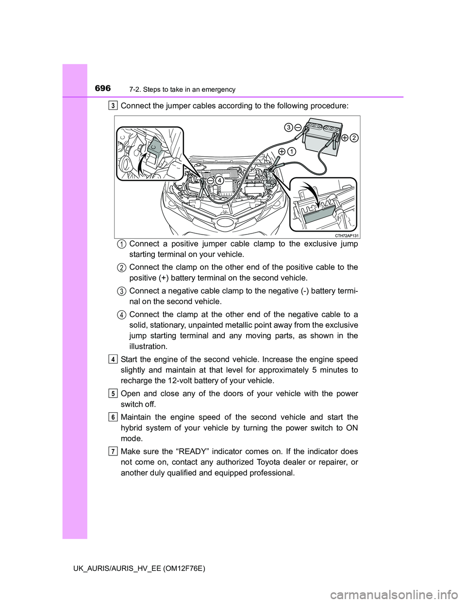 TOYOTA AURIS 2013 Owners Manual (in English) 6967-2. Steps to take in an emergency
UK_AURIS/AURIS_HV_EE (OM12F76E)
Connect the jumper cables according to the following procedure:
Connect a positive jumper cable clamp to the exclusive jump
starti TOYOTA AURIS 2013 Owners Manual (in English) 6967-2. Steps to take in an emergency
UK_AURIS/AURIS_HV_EE (OM12F76E)
Connect the jumper cables according to the following procedure:
Connect a positive jumper cable clamp to the exclusive jump
starti