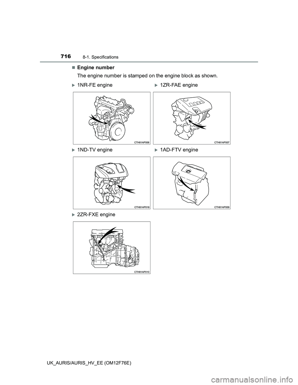 TOYOTA AURIS 2013  Owners Manual (in English) 7168-1. Specifications
UK_AURIS/AURIS_HV_EE (OM12F76E)
Engine number
The engine number is stamped on the engine block as shown.
1NR-FE engine1ZR-FAE engine
1ND-TV engine1AD-FTV engine
