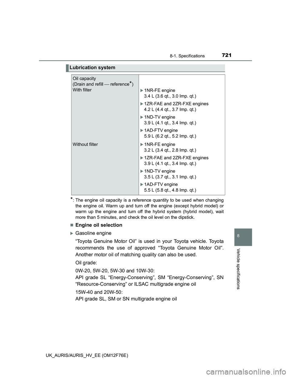 TOYOTA AURIS 2013 Owners Manual (in English) 7218-1. Specifications
UK_AURIS/AURIS_HV_EE (OM12F76E)
8
Vehicle specifications
*: The engine oil capacity is a reference quantity to be used when changing
the engine oil. Warm up and turn off the eng TOYOTA AURIS 2013 Owners Manual (in English) 7218-1. Specifications
UK_AURIS/AURIS_HV_EE (OM12F76E)
8
Vehicle specifications
*: The engine oil capacity is a reference quantity to be used when changing
the engine oil. Warm up and turn off the eng