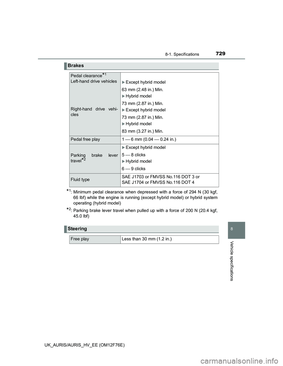 TOYOTA AURIS 2013 Owners Manual (in English) 7298-1. Specifications
UK_AURIS/AURIS_HV_EE (OM12F76E)
8
Vehicle specifications
*1: Minimum pedal clearance when depressed with a force of 294 N (30 kgf,
66 lbf) while the engine is running (except hy TOYOTA AURIS 2013 Owners Manual (in English) 7298-1. Specifications
UK_AURIS/AURIS_HV_EE (OM12F76E)
8
Vehicle specifications
*1: Minimum pedal clearance when depressed with a force of 294 N (30 kgf,
66 lbf) while the engine is running (except hy